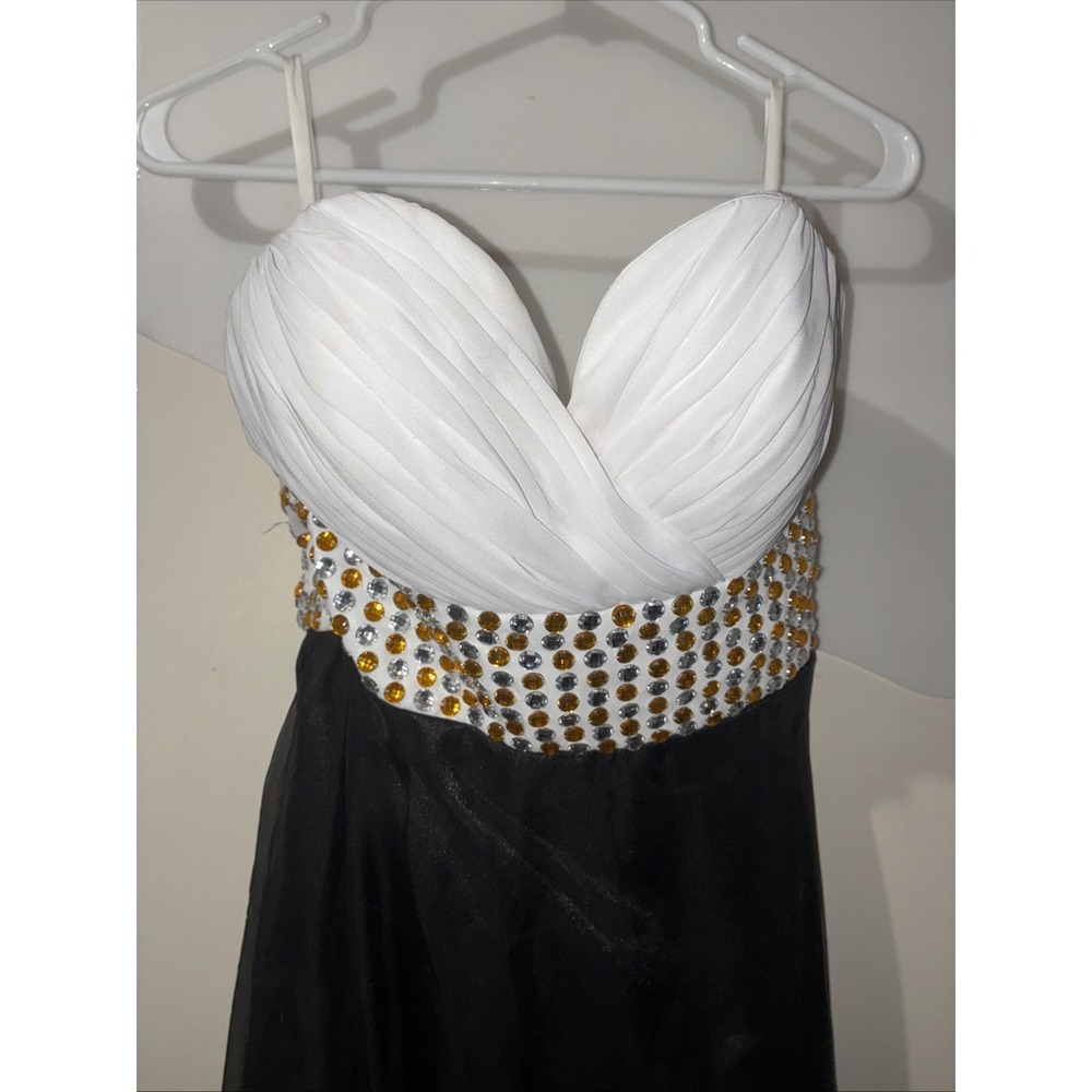 Black/White Rhinestone Bodice Prom Evening Formal Dress Maxi Sz 2 26" WAIST 48"L